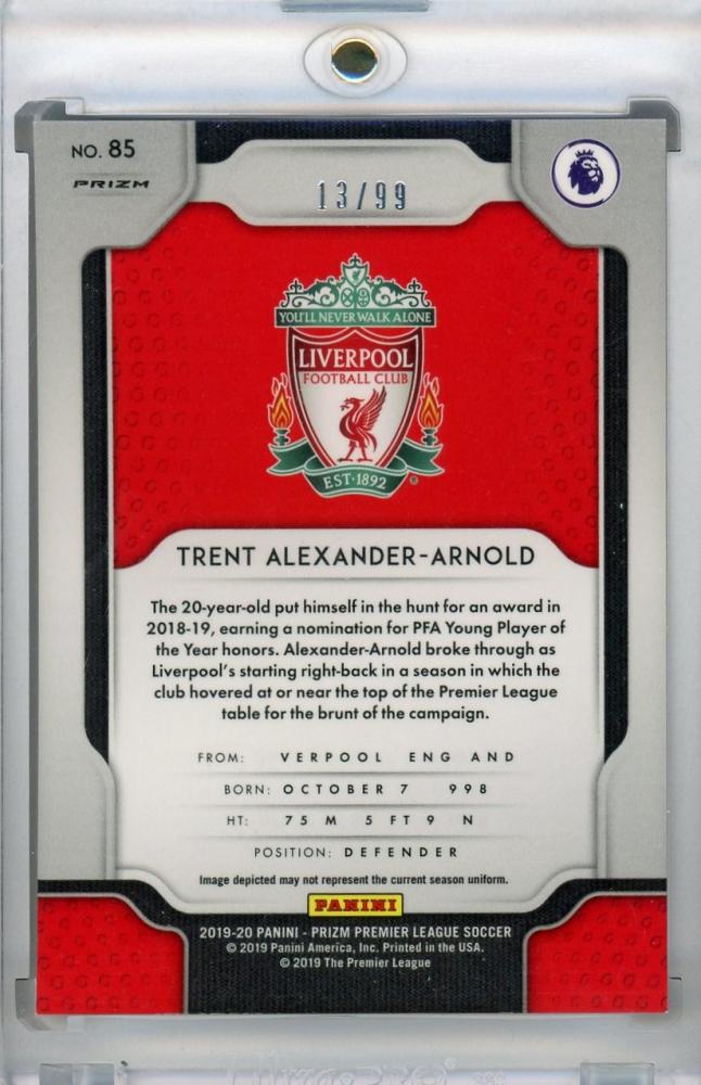 2019-20 Panini Prizm Premier League Liverpool FC Trent Alexander-Arnold Base Purple Parallel card serial number 13/99