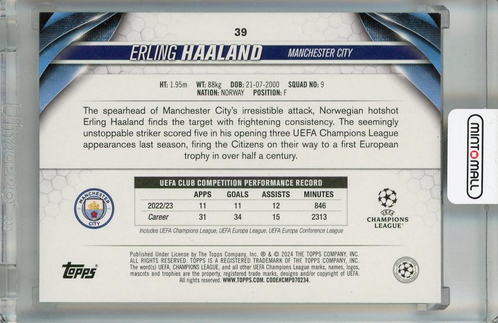2023-24 Topps UEFA Club Competitions Erling Haaland Base #39 Manchester City