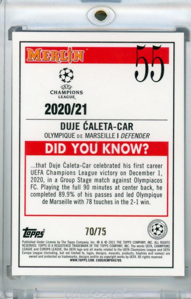 2020-21 Topps Merlin Chrome UEFA Champions League Duje Caleta-Car base card with Blue Shimmer parallel