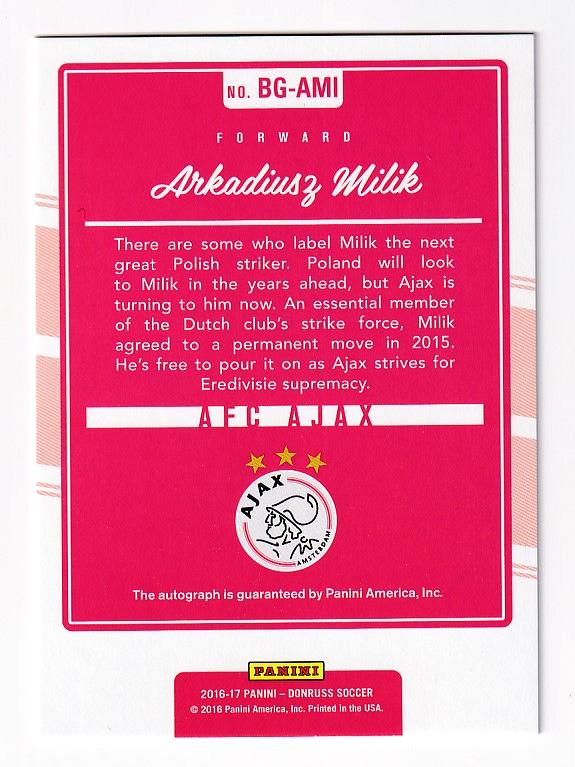 2016-17 PANINI Donruss The Beautiful Game Arkadiusz Milik autograph card with minor stain on back
