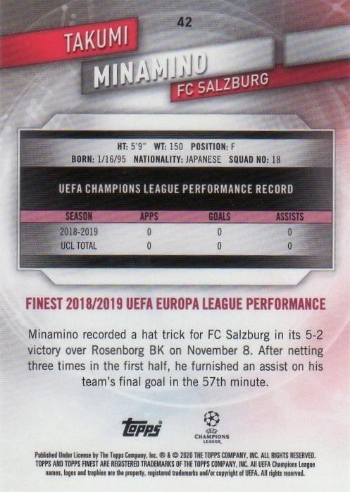 2019-20 Topps Champions League Finest trading card featuring Takumi Minamino, card number 42, serial 242 out of 250