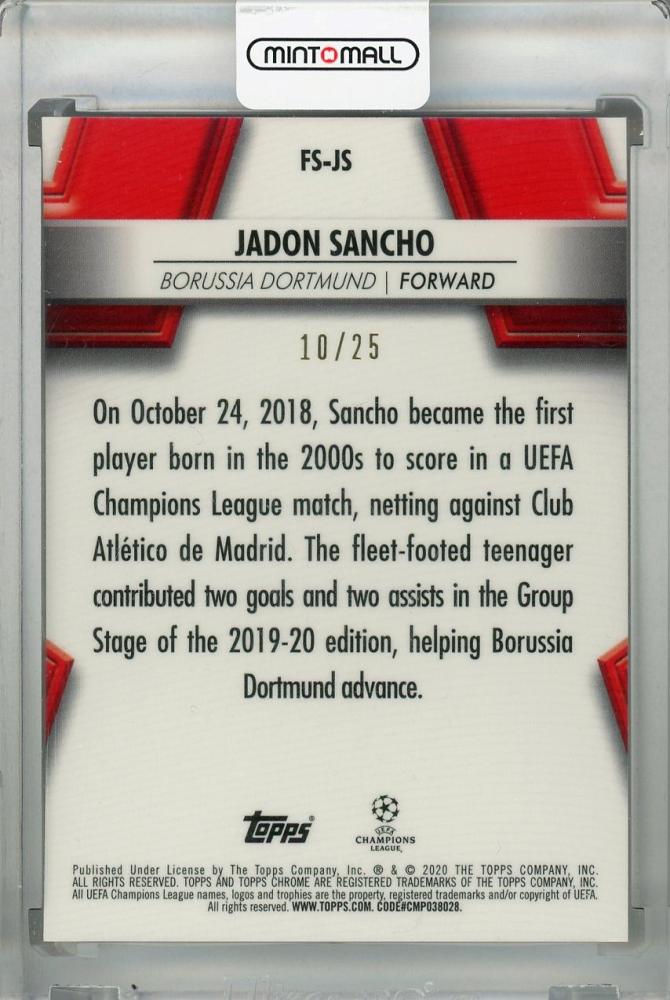2019-20 Topps Chrome UEFA Champions League Jadon Sancho Borussia Dortmund Future Stars Orange card numbered 10 of 25