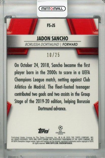 2019-20 Topps Chrome UEFA Champions League Jadon Sancho Borussia Dortmund Future Stars Orange card numbered 10 of 25