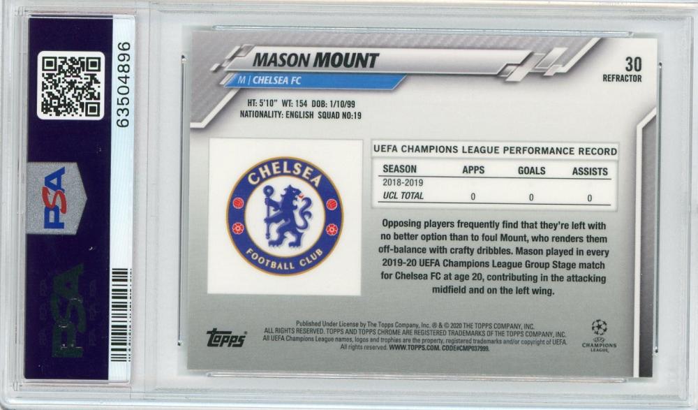 2019-20 Topps Chrome UEFA Champions League Mason Mount Chelsea FC Base Refractor card graded PSA 10