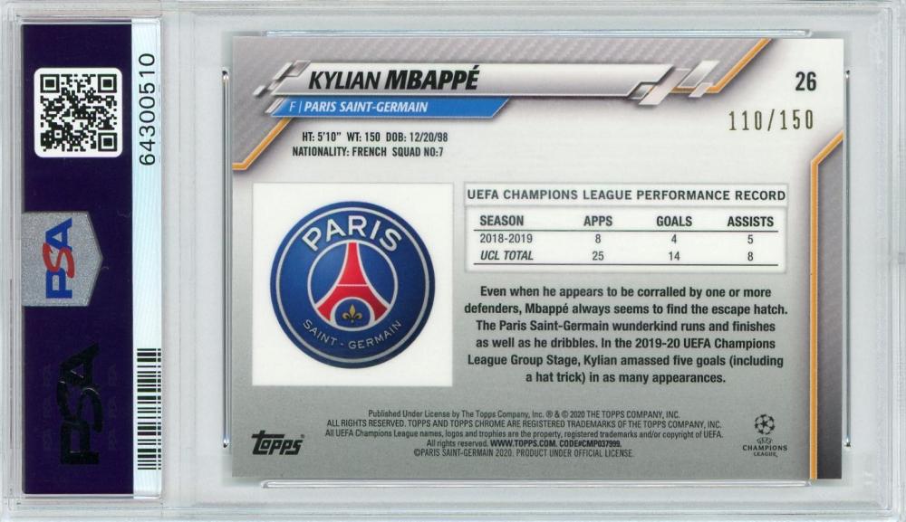 2019-20 Topps Chrome UEFA Champions League Kylian Mbappe Paris Saint-Germain Base Blue PSA 9 card 110 of 150