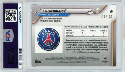 2019-20 Topps Chrome UEFA Champions League Kylian Mbappe Paris Saint-Germain Base Blue PSA 9 card 110 of 150