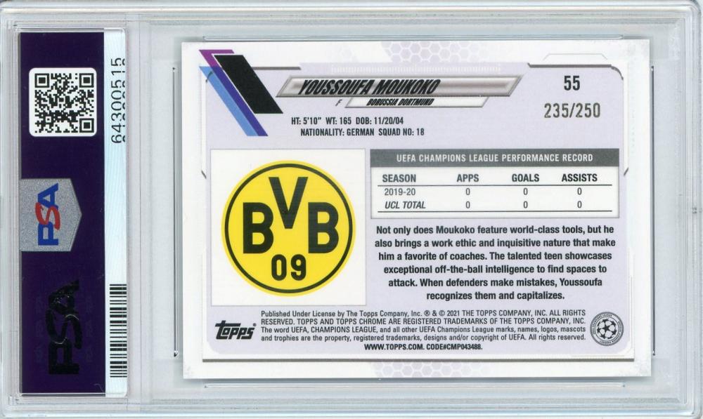 2020-21 Topps Chrome UEFA Champions League Borussia Dortmund Youssoufa Moukoko Purple Base PSA 9 card 235 out of 250