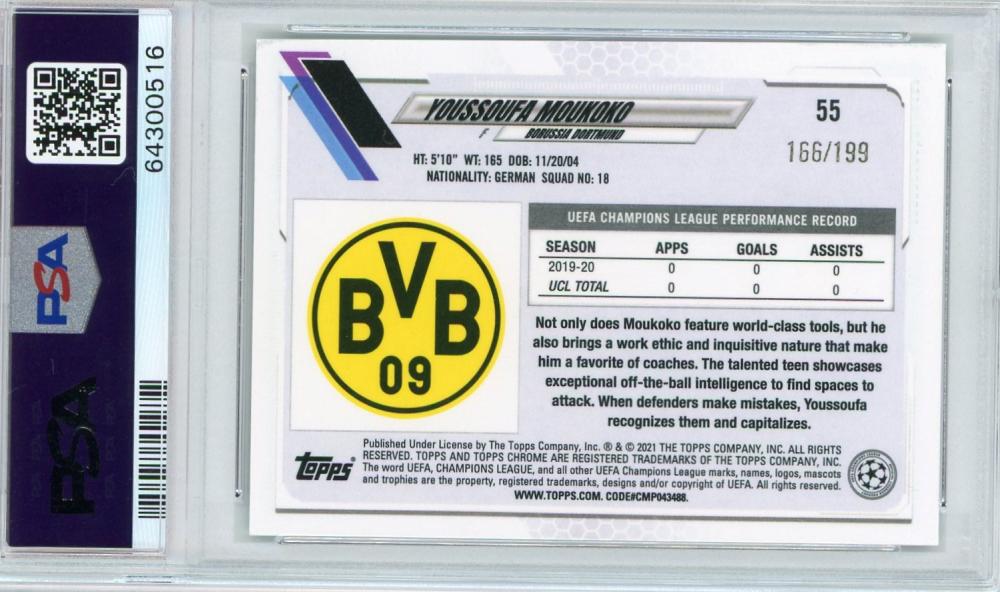 2020-21 Topps Chrome UEFA Champions League Borussia Dortmund Youssoufa Moukoko Base Aqua Wave PSA 9 card
