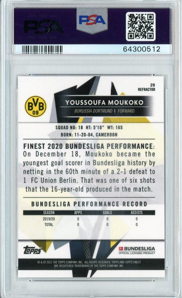 2020-21 Topps Finest Bundesliga Borussia Dortmund Youssoufa Moukoko base refractor rookie card PSA 10