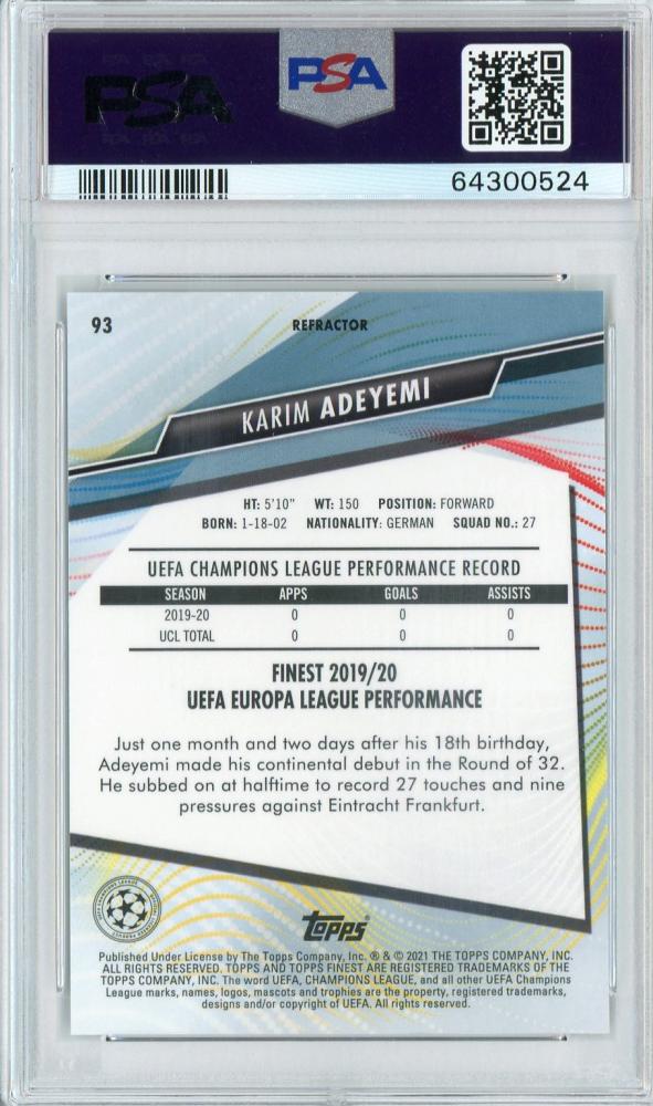 2020-21 Topps Finest UEFA Champions League Karim Adeyemi base refractor trading card graded PSA 10