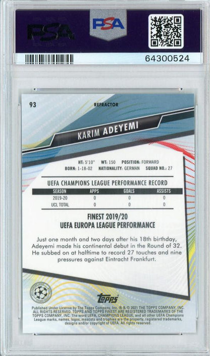 2020-21 Topps Finest UEFA Champions League Karim Adeyemi base refractor trading card graded PSA 10