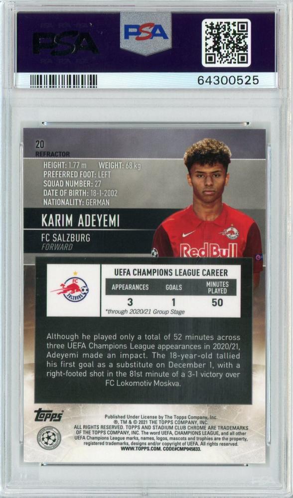 2020-21 Topps Stadium Club Chrome UEFA Champions League Karim Adeyemi FC Salzburg Base Refractor PSA 10 RC card