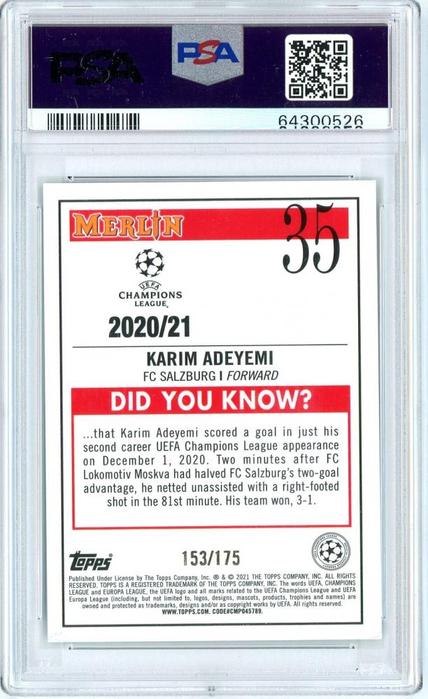 2020-21 Topps Merlin Chrome UEFA Champions League Karim Adeyemi Base Aqua Speckle PSA 10 card