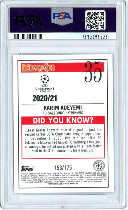2020-21 Topps Merlin Chrome UEFA Champions League Karim Adeyemi Base Aqua Speckle PSA 10 card