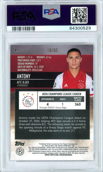 2020-21 Topps Stadium Club Chrome UEFA Champions League AFC Ajax Antony Base Gold PSA 9 RC card parallel 16 of 50
