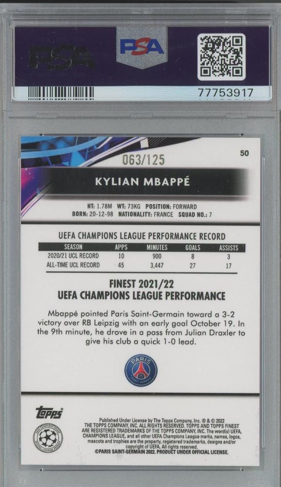 2021-22 Finest UCL Kylian Mbappe Pink Prizm Refractor #50063/125PSA9 Paris Saint-Germain
