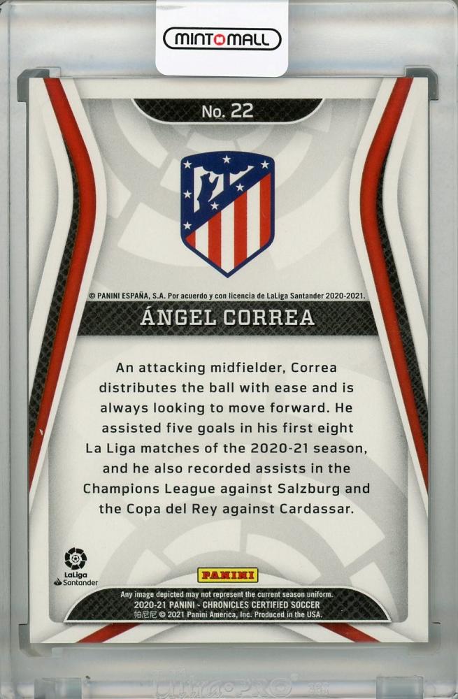 2020-21 Panini Chronicles Angel Correa Atletico de Madrid Certified La Liga Mirror Green trading card numbered 1 of 5