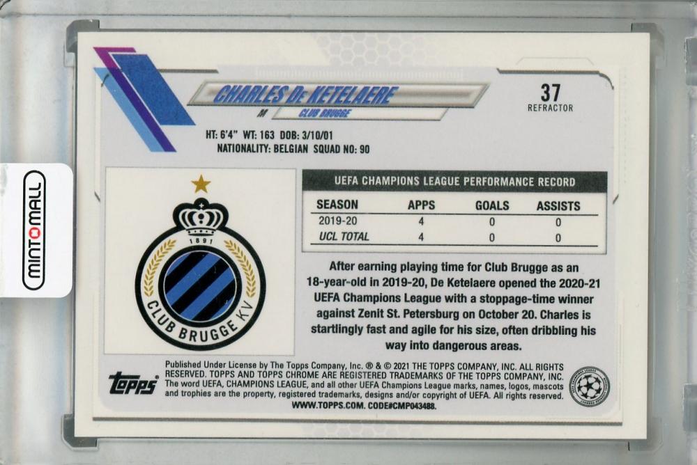 2020-21 Topps Chrome UEFA Champions League Club Brugge Charles De Ketelaere Base Refractor rookie card