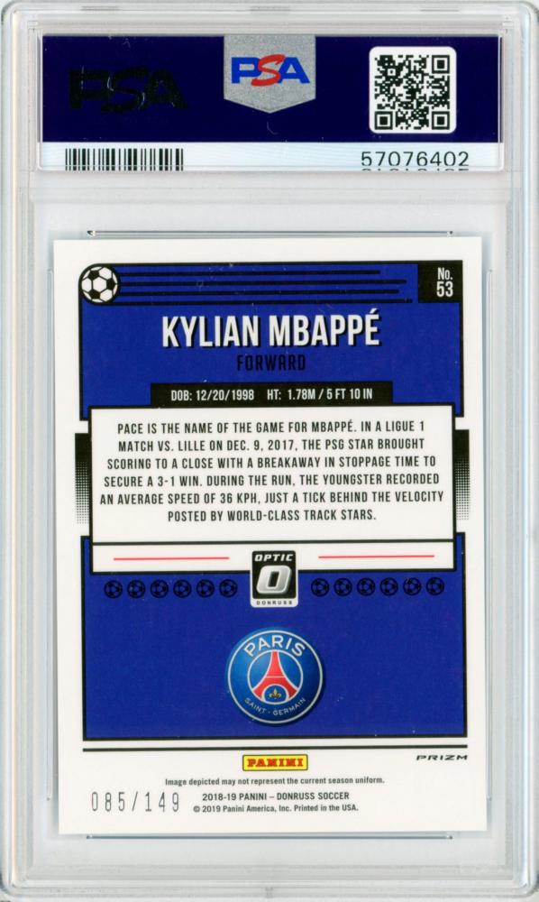 PSA9 graded 2018-19 Panini Donruss Kylian Mbappe Optic Aqua trading card numbered 85 of 149