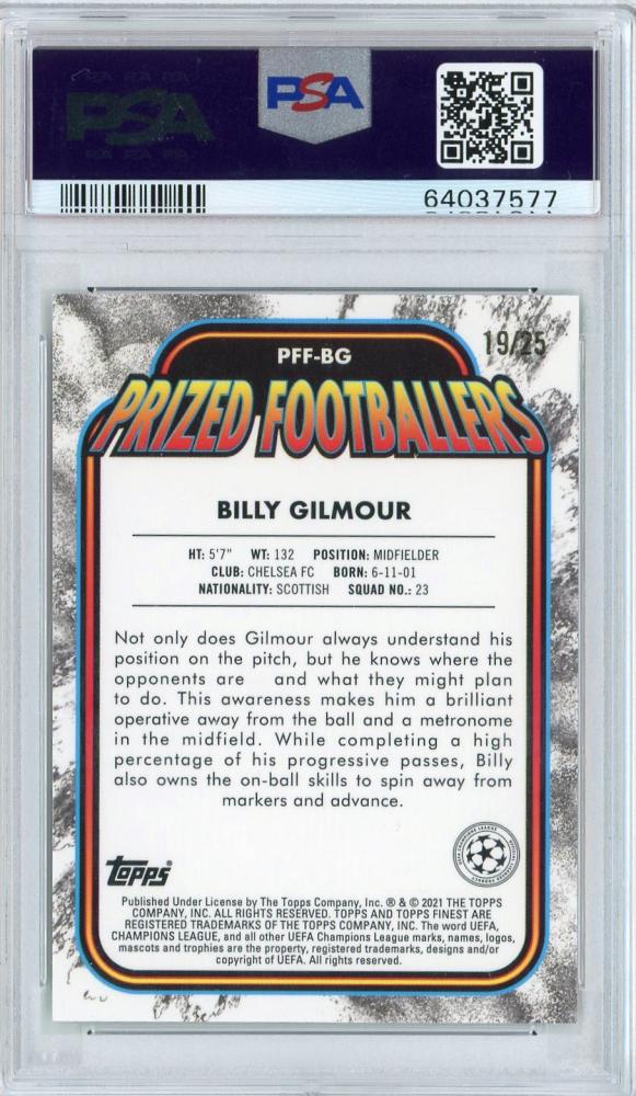2020-21 Topps Finest UEFA Champions League Chelsea FC Billy Gilmour Parallel trading card PSA 9