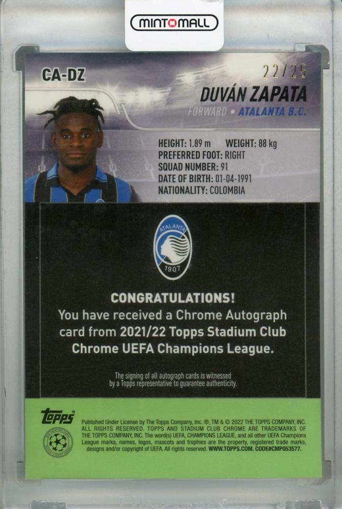 2021-22 Topps Stadium Club Chrome UEFA Champions League Duvan Zapata Orange Wave autograph card