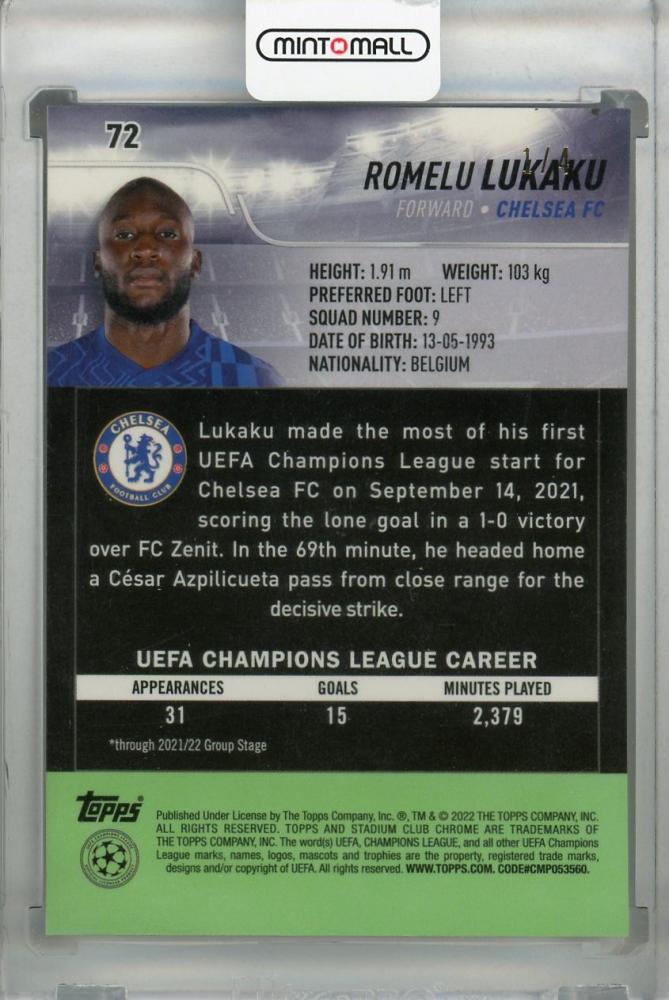 2021-22 Topps Stadium Club Chrome UEFA Champions League Romelu Lukaku Chelsea FC Red Orange Electric Charge card serial 1 of 4