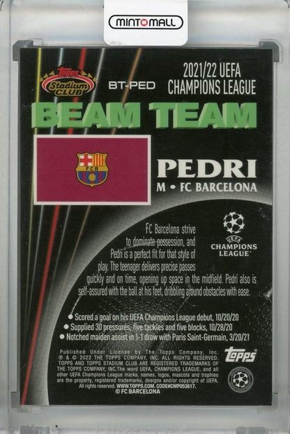 2021-22 Topps Stadium Club Chrome UEFA Champions League FC Barcelona Pedri 1992 Beam Team trading card with minor stain on back