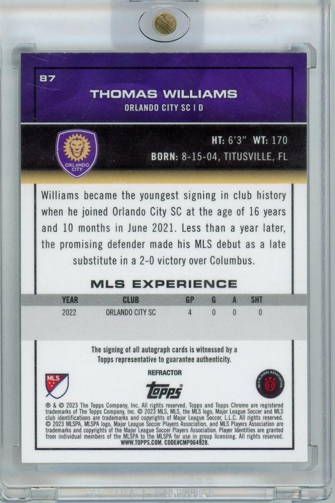2022-2023 Topps Chrome Thomas Willams Autographed Sign Orlando City
