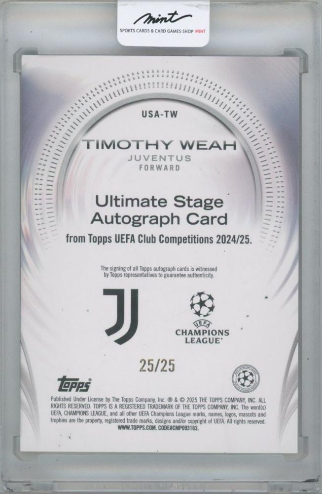 2024-25 TOPPS UEFA Club Competitions Ultimate Stage Autographs Orange Foilboard / TIMOTHY WEAH(Juventus) 25/25