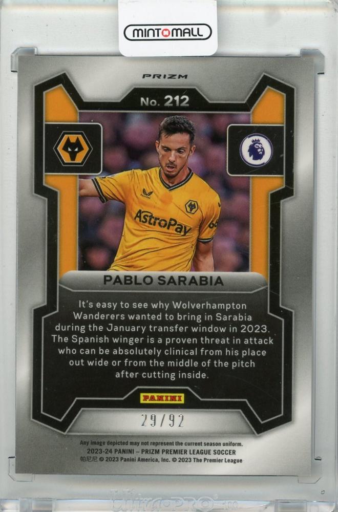 2023-24 PANINI Prizm English Premier League Pablo Sarabia Prizms Purple and White Stripes #21229/92 Wolverhampton Wanderers