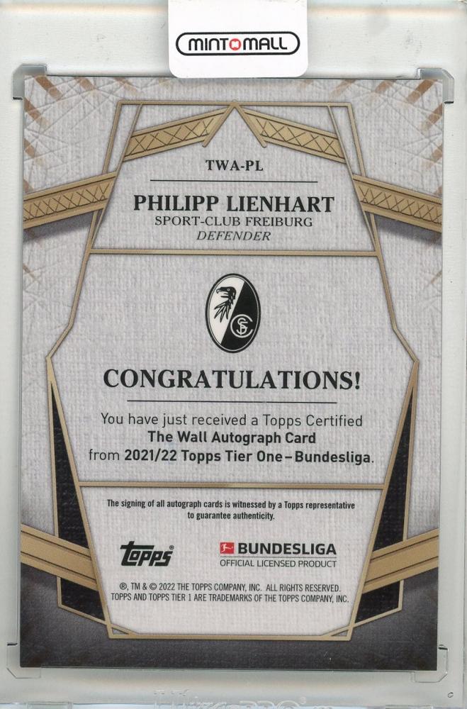2021-22 TOPPS Tier One Bundesliga Philipp Lienhart The Wall Autographs Purple #TWAPL07/50 SC Freiburg