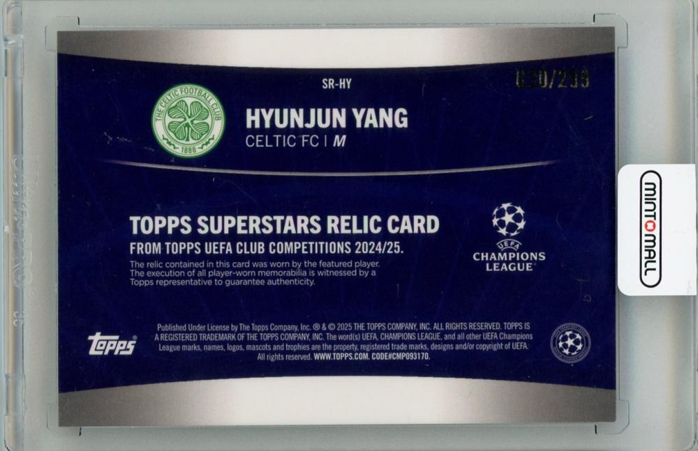 2024-25 TOPPS UEFA Club Competitions Hyunjun Yang Relics Purple Foilboard #SRHY030/299 Celtic FC