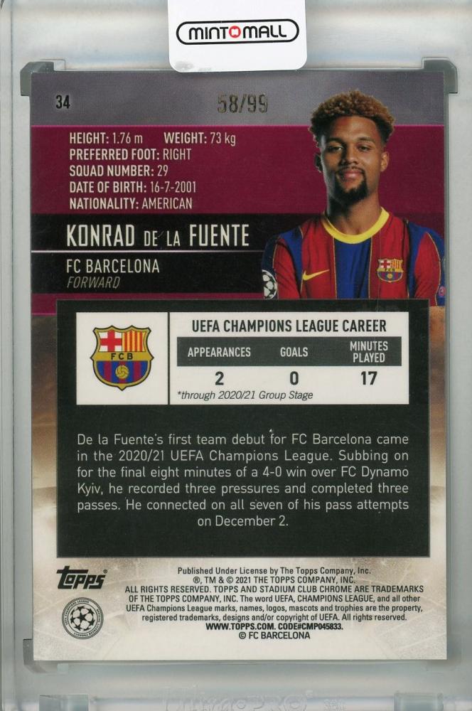 2020-21 Topps Stadium Club Chrome UEFA Champions League FC Barcelona Konrad de la Fuente Base Green parallel card number 58/99