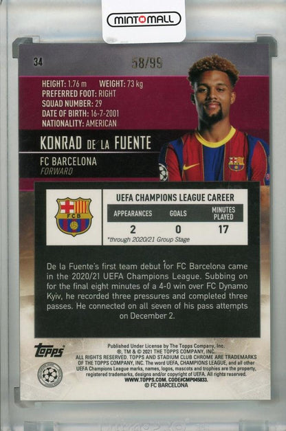 2020-21 Topps Stadium Club Chrome UEFA Champions League FC Barcelona Konrad de la Fuente Base Green parallel card number 58/99