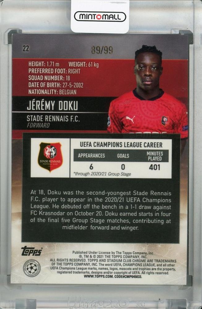 2020-21 Topps Stadium Club Chrome UEFA Champions League Jeremy Doku Green Parallel card serial 89 of 99