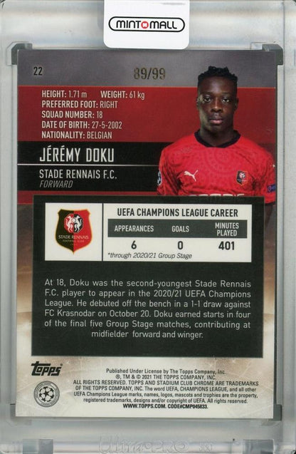 2020-21 Topps Stadium Club Chrome UEFA Champions League Jeremy Doku Green Parallel card serial 89 of 99