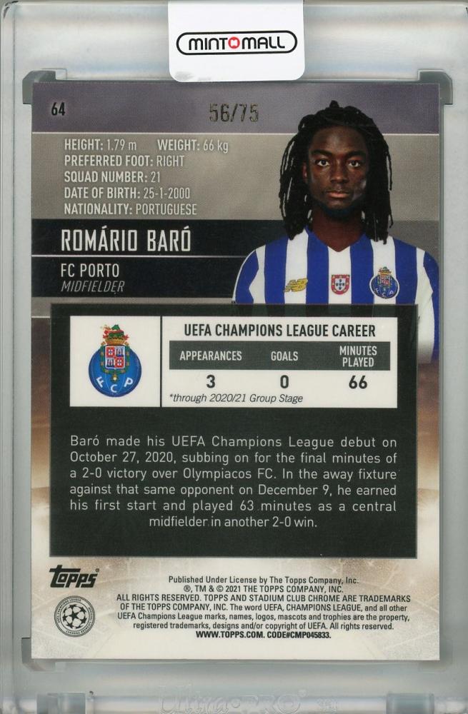 2020-21 Topps Stadium Club Chrome UEFA Champions League Romario Baro parallel trading card 56 of 75