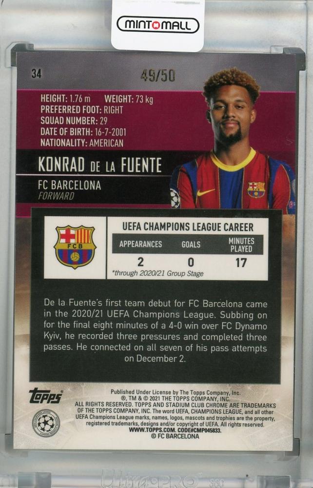 2020-21 Topps Stadium Club Chrome UEFA Champions League Konrad de la Fuente FC Barcelona Base Gold card 49 of 50