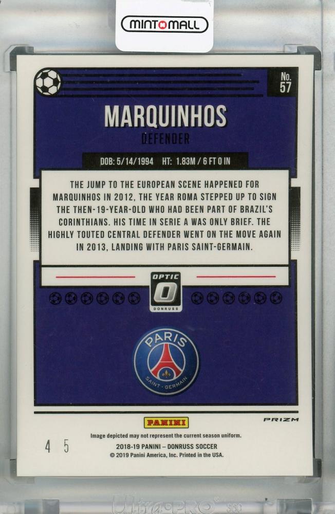 2018-19 Donruss Paris Saint-Germain Marquinhos Base Optic Green parallel serial number 4 of 5 trading card