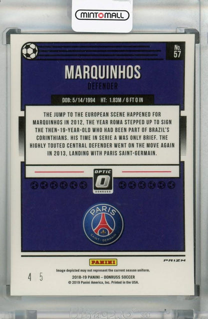 2018-19 Donruss Paris Saint-Germain Marquinhos Base Optic Green parallel serial number 4 of 5 trading card