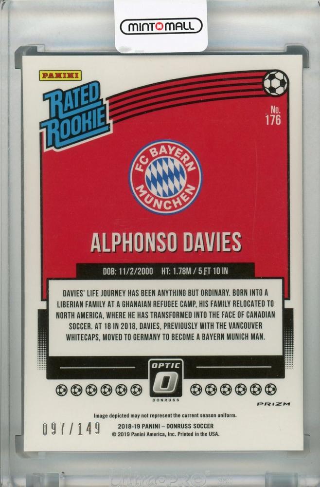 2018-19 Donruss Alphonso Davies FC Bayern Munich Base Optic Rated Rookie Aqua parallel card 097 of 149