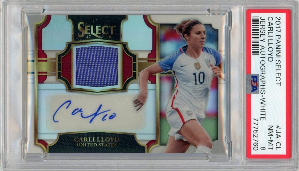2017-18 PANINI Select Soccer Carli Lloyd Jersey Autographs White 75Limited /59 #JA-CL PSA8 -Mint
