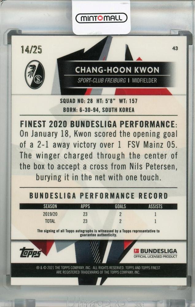 2020-21 Topps Finest Bundesliga Chang-hoon Kwon Base Autographs Gold Parallel serial 14 of 25 card from SPORT-CLUB FREIBURG