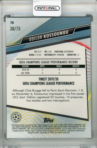 2020-21 Topps Finest UEFA Champions League Odilon Kossounou Club Brugge Aqua Parallel trading card 36 of 75