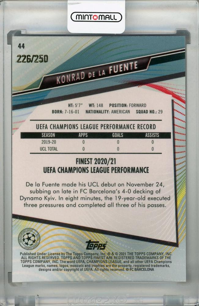 2020-21 Topps Finest UEFA Champions League Konrad de la Fuente FC Barcelona Purple Parallel trading card number 226 of 250