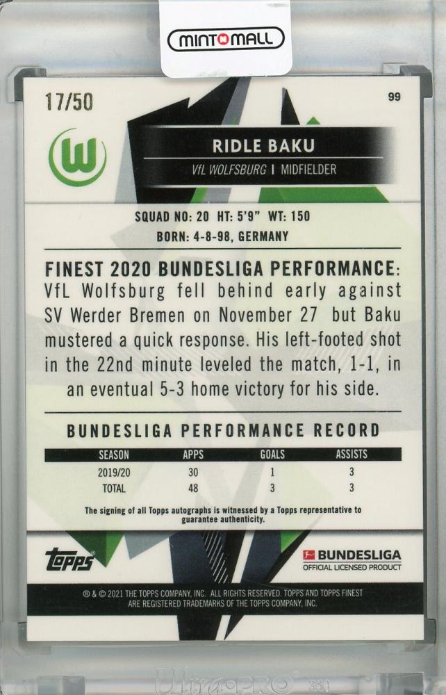 2020-21 Topps Finest Bundesliga Ridle Baku VfL WOLFSBURG Green Parallel Autograph card numbered 17 of 50