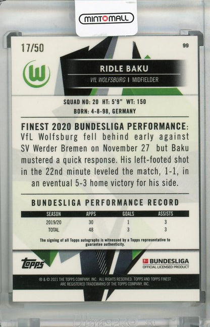 2020-21 Topps Finest Bundesliga Ridle Baku VfL WOLFSBURG Green Parallel Autograph card numbered 17 of 50
