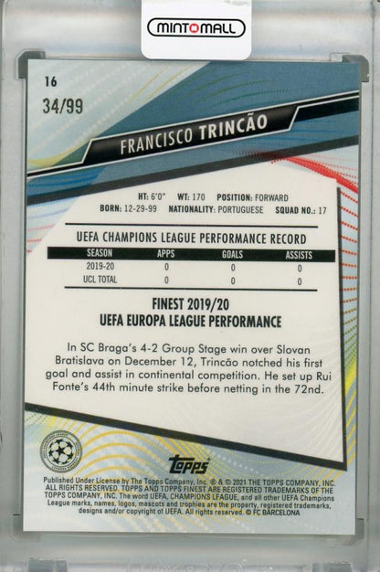 2020-21 Topps Finest UEFA Champions League FC Barcelona Francisco Trincao Neon Green parallel rookie card numbered 34 of 99