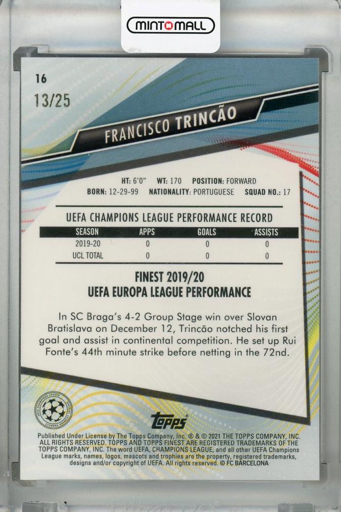 2020-21 Topps Finest UEFA Champions League FC Barcelona Francisco Trincao Orange Parallel Base Rookie Card 13 of 25