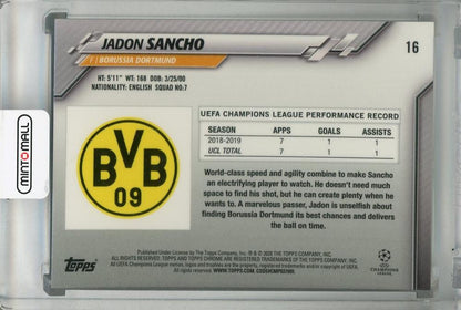 2019-20 Topps Chrome UEFA Champions League Borussia Dortmund Jadon Sancho Base Green Bubbles trading card with minor back stain